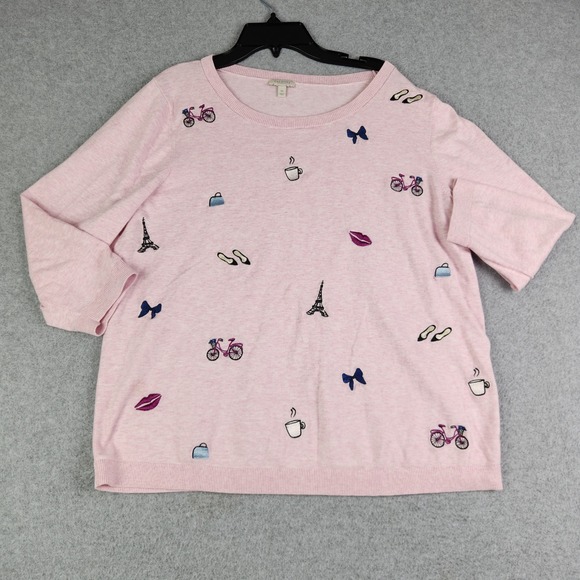 Talbots Sweaters - Talbots Sweater Women 1X Pink Paris Embroidered Pullover 3/4 Sleeve Cotton Blend